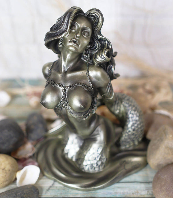 Kneeling mermaid bust with long wavy hair and detailed jewelry, created using white silicone mold for resin or candle making