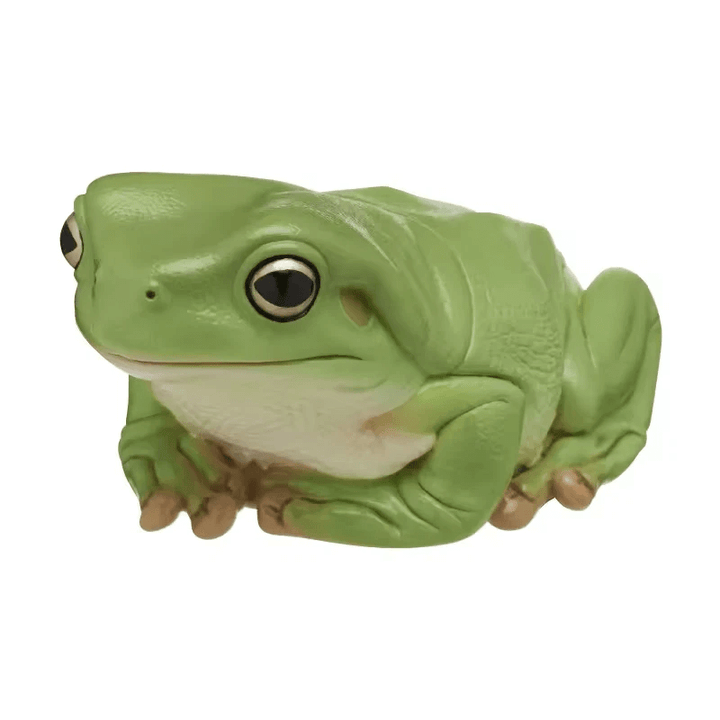 Lifelike green tree frog figure with round body and smooth skin, created using silicone mold


