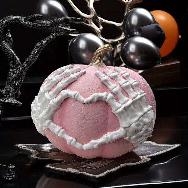 Pink pumpkin with white skeleton hands forming a heart shape, created using silicone mold for resin or candle making