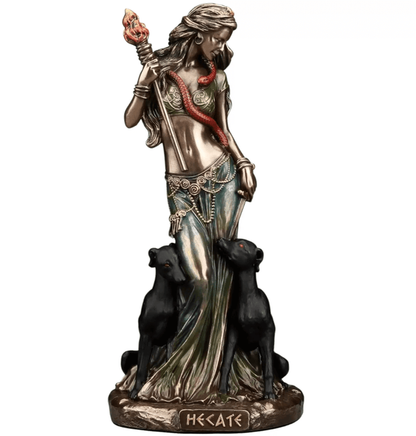 Hecate Greek goddess silicone mold for resin, plaster, soap, and candle crafts, shown with finished sculpture for reference.

