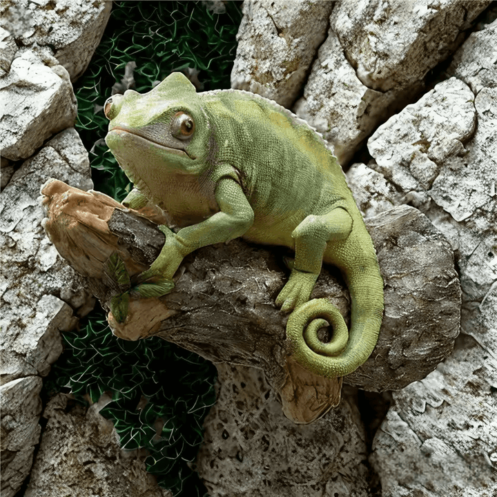 Green chameleon sculpture clinging to a branch with curled tail, cast from white silicone mold – for Resin and Candle Making