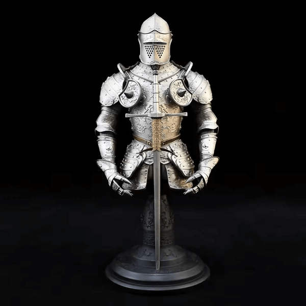 Full suit of medieval knight armor with helmet and shoulder plates, created using silicone mold for candle or resin making
