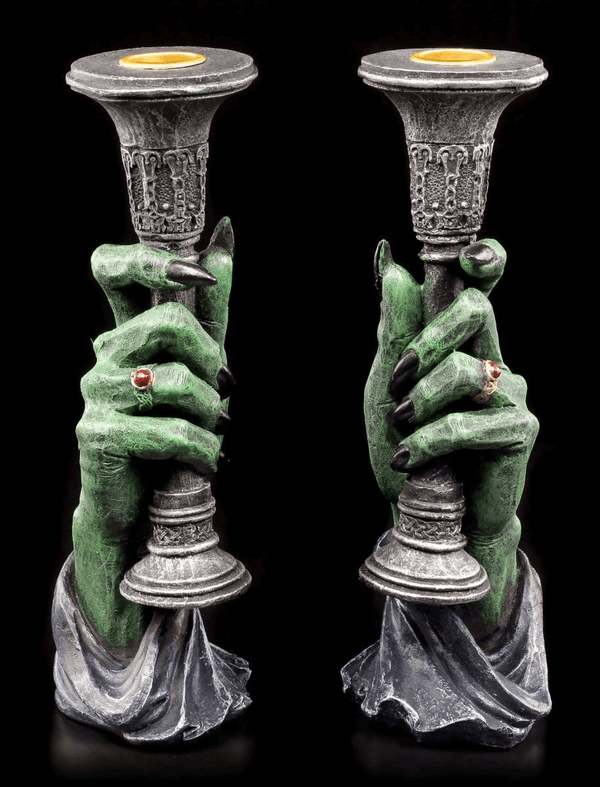 Pair of witch hands clutching ornate candleholders, gothic silicone mold with eerie detail


