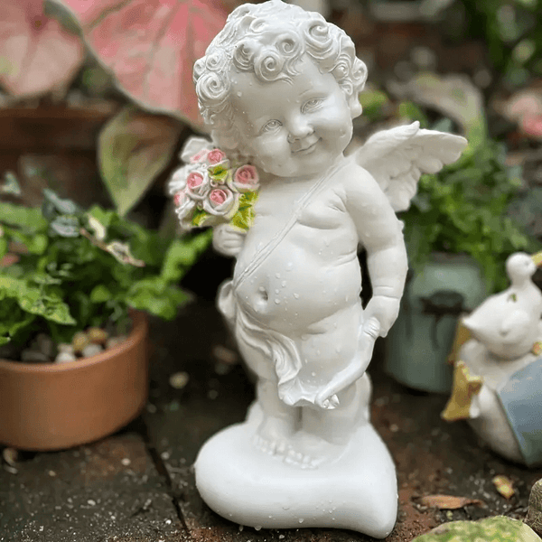 Standing Cupid mold with wings, holding roses in one hand and an arrow in the other – perfect for Candle Making and Resin Art.