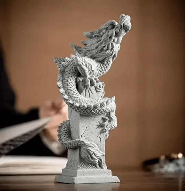 Coiled dragon silicone mold for resin, plaster, soap, beeswax art. Finished sculpture shown as an example.

