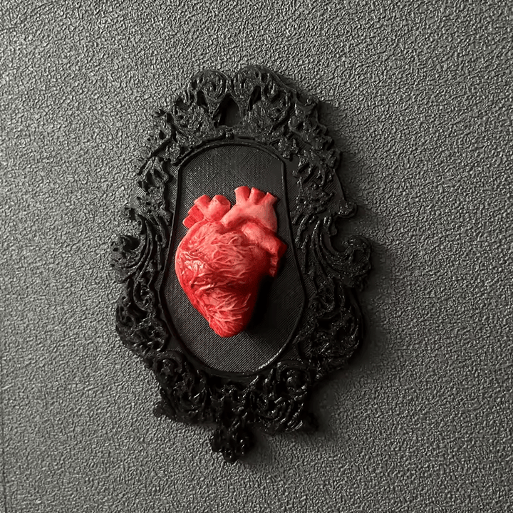 Realistic red anatomical heart in black ornate frame made using white silicone mold – ideal for Candle Making and resin casting