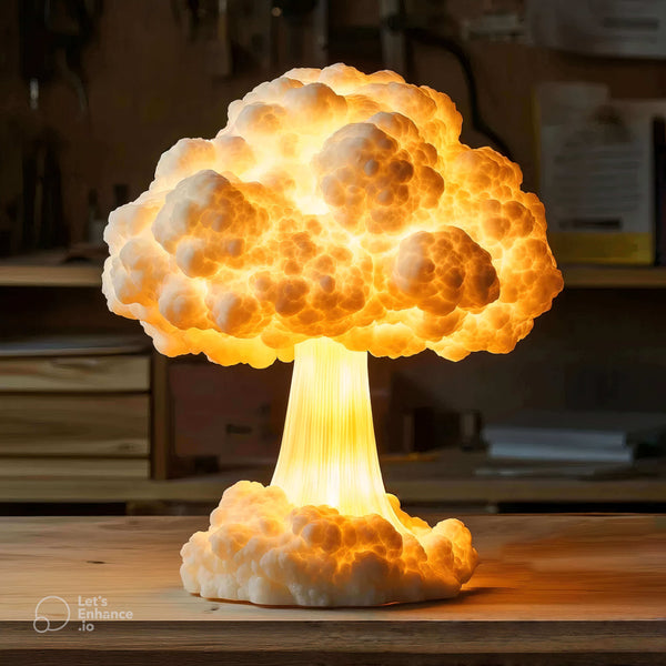 Glowing mushroom cloud sculpture with billowing dome and vertical blast column, made using white silicone mold for resin lamp or candle casting