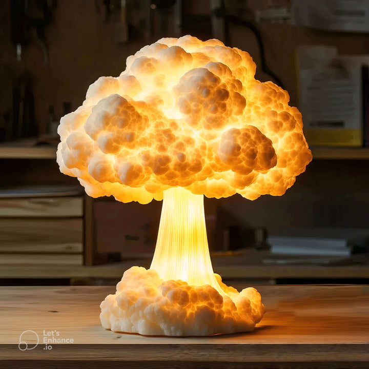 Glowing mushroom cloud sculpture with billowing dome and vertical blast column, made using white silicone mold for resin lamp or candle casting