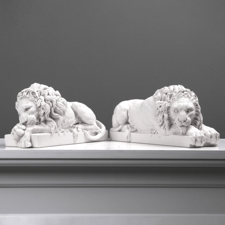 Canova Lion Pair silicone mold for resin, soap, plaster, and candle crafts, shown with finished sculptures for reference.

