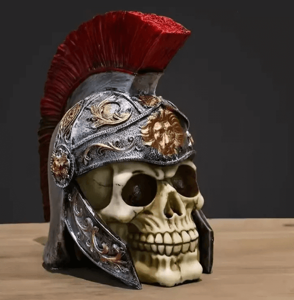Roman-style skull with red crest silicone mold for resin, plaster, soap, and beeswax candle projects.


