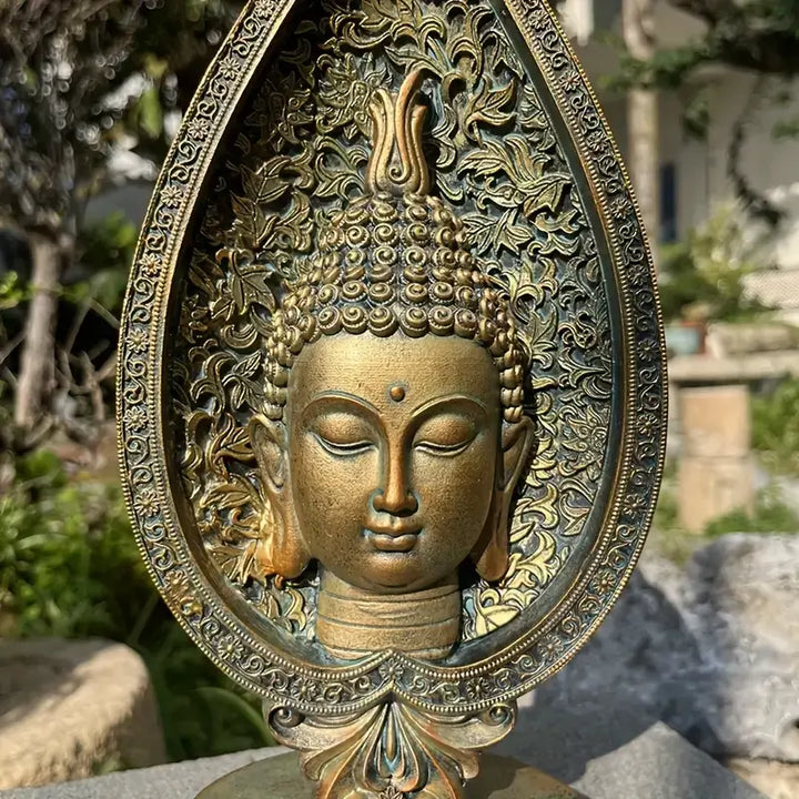  High-quality silicone mold for making a serene Buddha head with ornate pointed floral arch frame and lotus base, approx. 12 inches tall