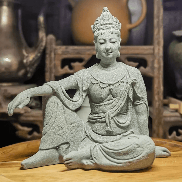 Buddha and Avalokiteshvara silicone mold for resin, soap, plaster, and candle crafts, shown with finished figure for reference.

