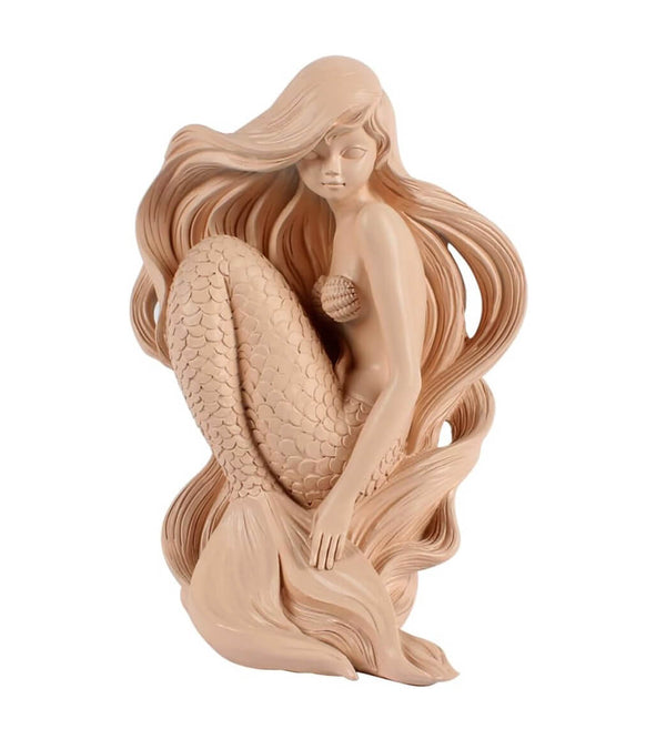 Seated mermaid figure with long flowing hair and detailed scaly tail, made using silicone mold for resin, candle, soap, or plaster making