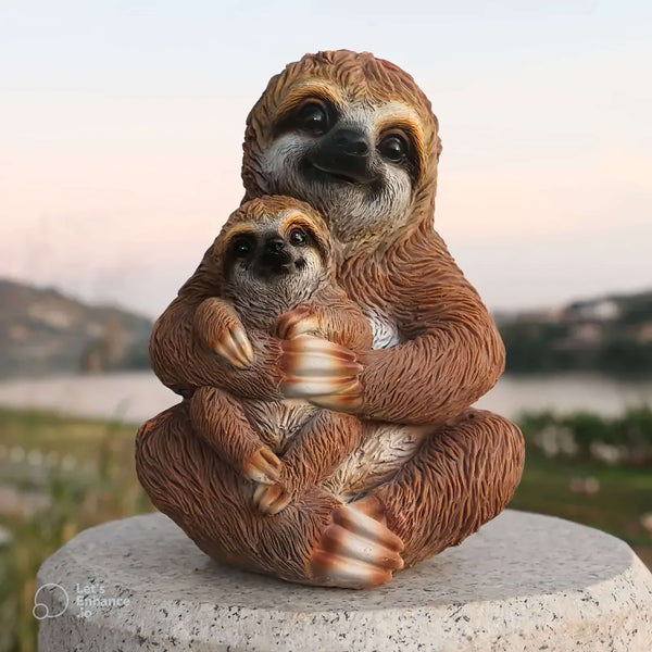 Sloth mother cuddling her baby in seated pose, created using a white silicone mold for resin casting, candle making, soap crafting, and plaster art.