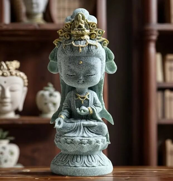 Avalokitesvara Buddha seated statue with closed eyes and crown, made using silicone mold for resin, candle, or soap making