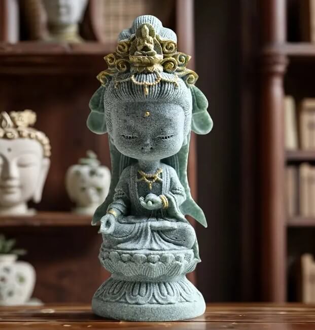 Avalokitesvara Buddha seated statue with closed eyes and crown, made using silicone mold for resin, candle, or soap making