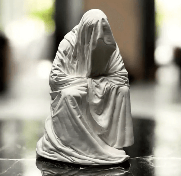  The Cloak of Conscience mold with flowing drapery and meditative posture, crafted from premium silicone for artistic resin and plaster casting.

